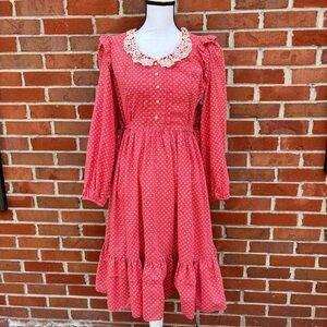 Vintage Candi Jones California Red Floral Print Long Sleeve Dress Ruffles Lace